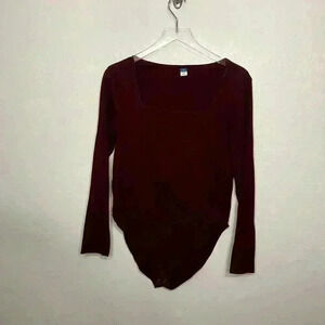 Old Navy Square Neck Long Sleeve Maroon Bodysuit XL
